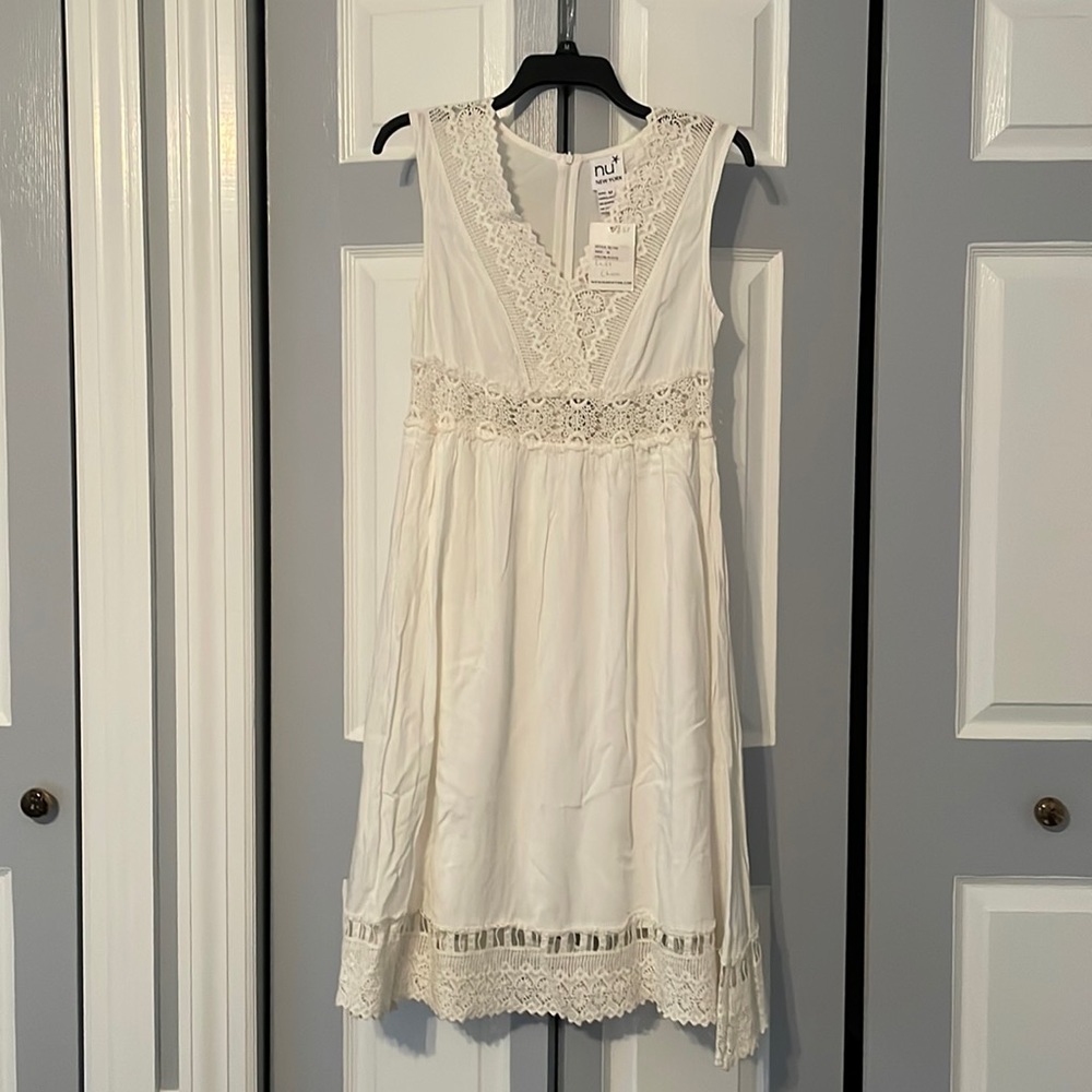 NWT Nu New York bohemian white midi dress with lace cutout trim